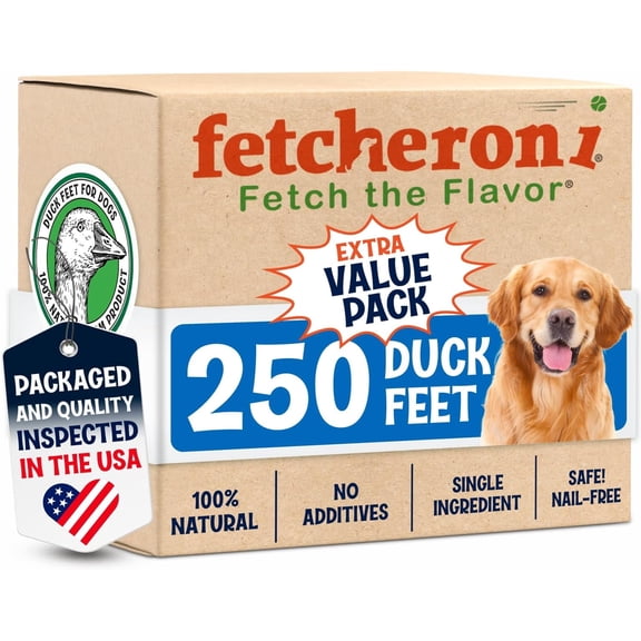 FETCHERONI All-Natural Dehydrated Duck Feet Dog Treats, Bone Support and Oral Care Dog Chews, 250 Count