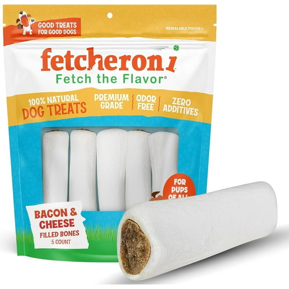 FETCHERONI Stuffed Dog Bone - Dog Treat Filled with Flavor for Your Dog - Great for Dog Treat or Training - Long Lasting Dog Chew. (3 to 4 Inches, Bacon and Cheese Flavored)