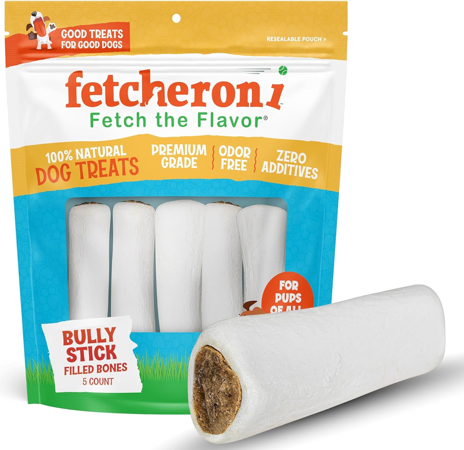 FETCHERONI Stuffed Dog Bone - Dog Treat Filled with Flavor for Your Dog - Great for Dog Treat or Training - Long Lasting Dog Chew. (3 to 4 ienches, Bully Stick Flavord)