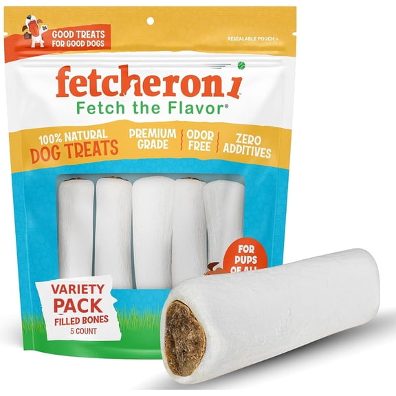 FETCHERONI Stuffed Dog Bones Variety Pack, Natural Dog Treats, Dental Chews for Dogs, 5 Pack