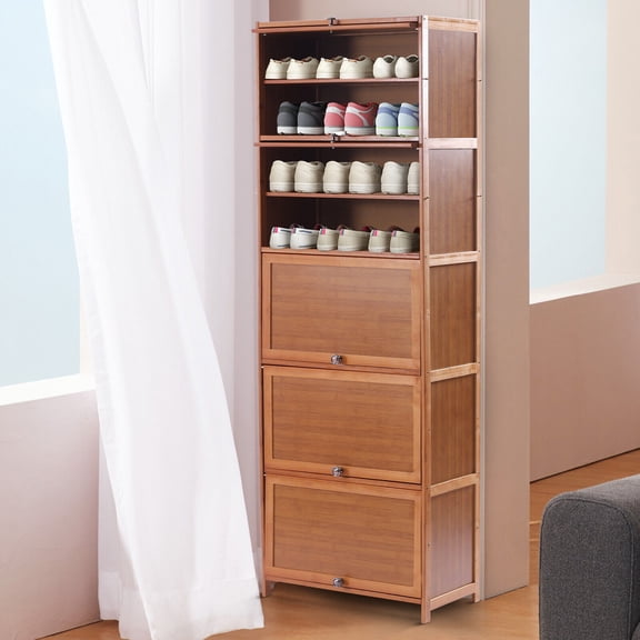 FETCOI 10 Tier Shoe Storage Rack Bookshelf with Cabinet Concealed Sliding Doors