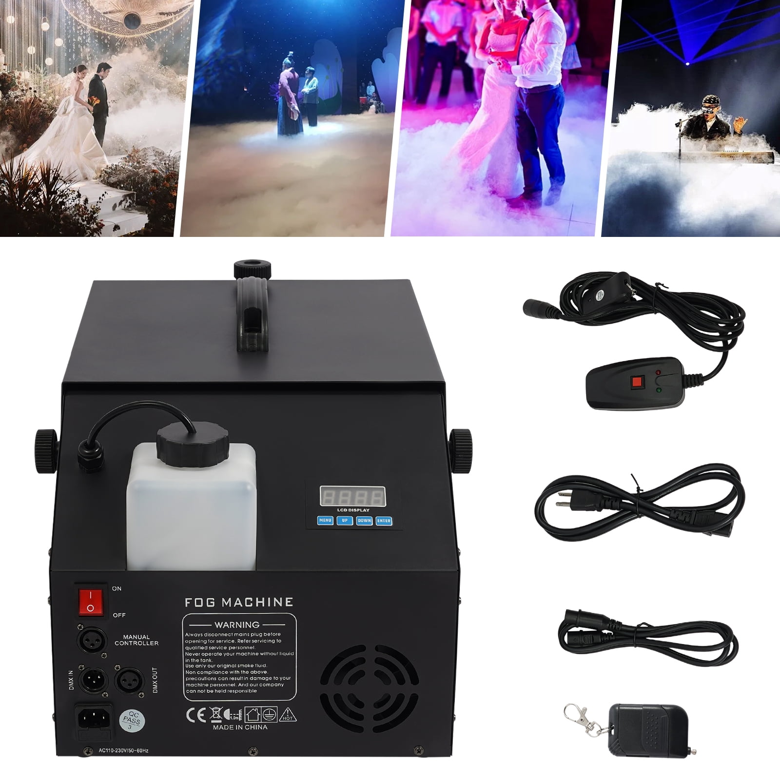 1200W Low-Lying Fog Machine, Iron Material Black Finish, 110V US Plug. 4 Control Modes (Manual/Wire/Remote/DMX), 80-100㎡ Smoke Coverage, Ideal for Stages & Weddings