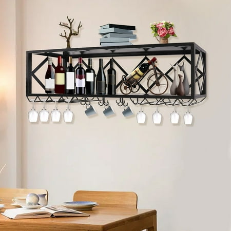 FETCOI 120CM Wall-Mounted Bar Unit Floating Bottle Holder Hanging Wine Glass Rack (Black)