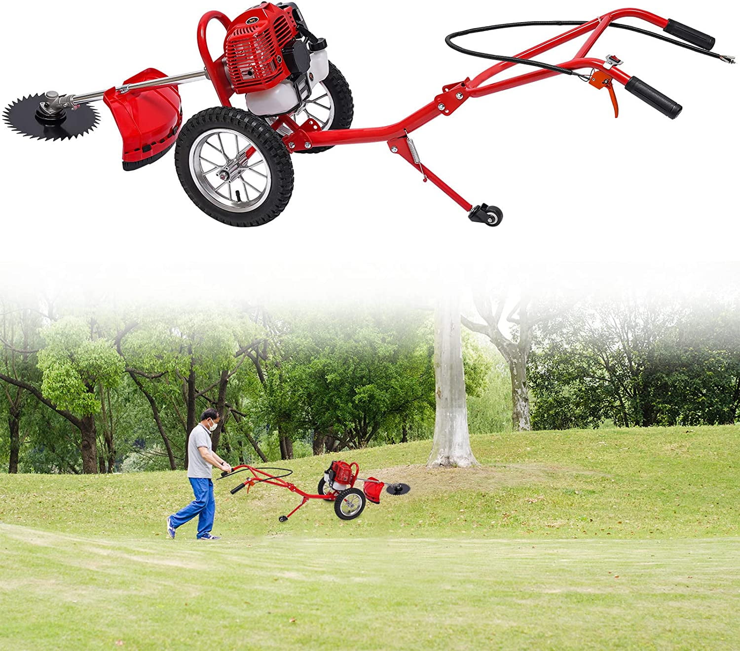 FETCOI 2-Stroke Push Lawn Mower Gas Powered 49CC Single-Cylinder Hand Push Lawn Mower with Wheels,Height Adjustable Gas Powered Push Lawn Mower 1.8KW 6500-7000r/Min