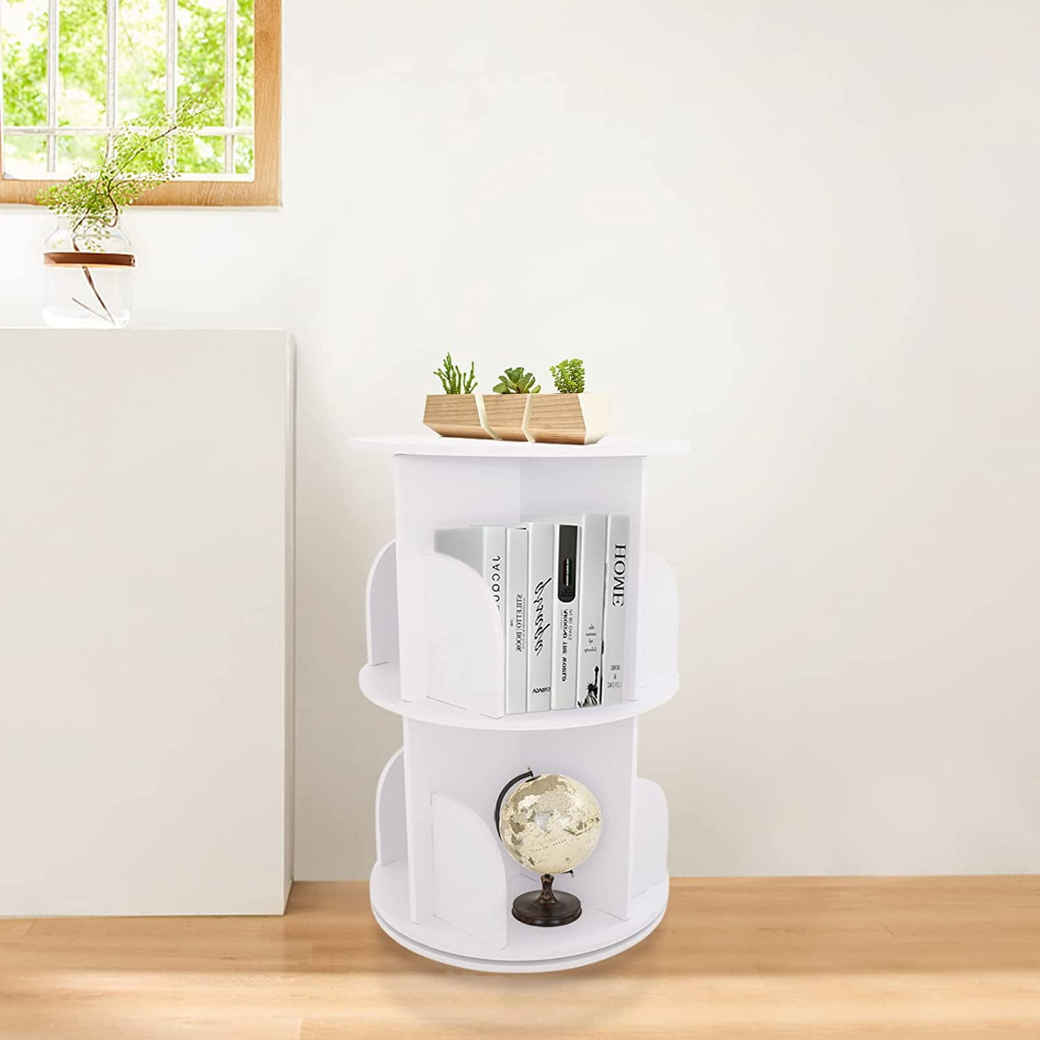FETCOI 2 Tiers Rotating White Bookshelf 360 Degrees,Stackable Shelves Bookshelf Organizer,Storage Display Rack Floor Standing Shelves