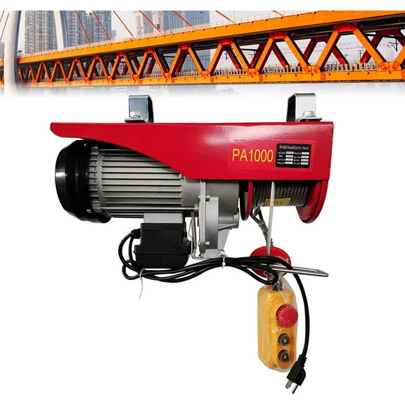 FETCOI 2200lb/1 Ton Electric Hoist Lift Overhead Winch Hoist Remote Control Hook Pulley Lifting Strap Installation Kit with Push Button Switch,Double Cable Speed 16.4ft/min