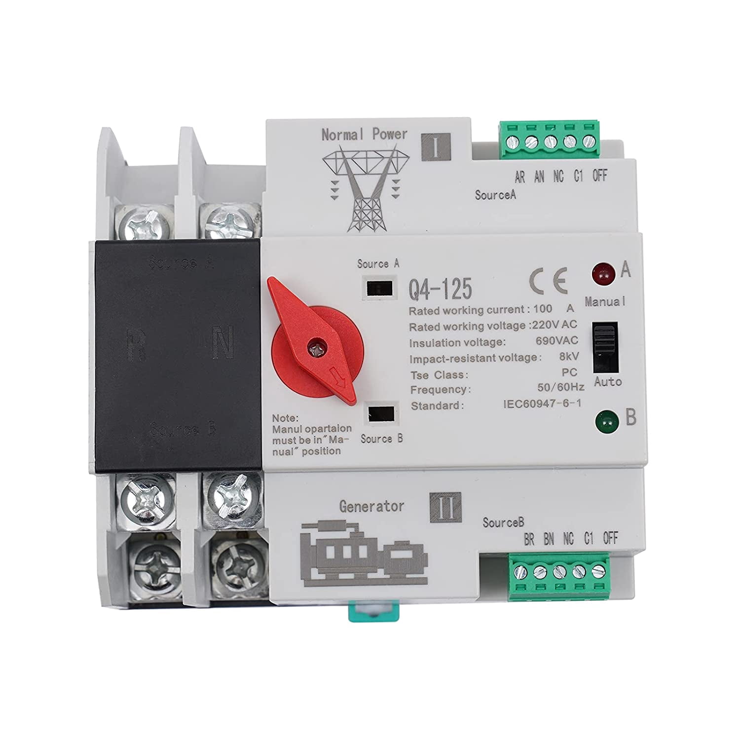 FETCOI 2P 110A Dual Power Automatic Transfer Switch Safe and Useful,Durable 110V Mini Generator Changeover Switch,Support Multiple Protection Functions and Wide Range of Uses