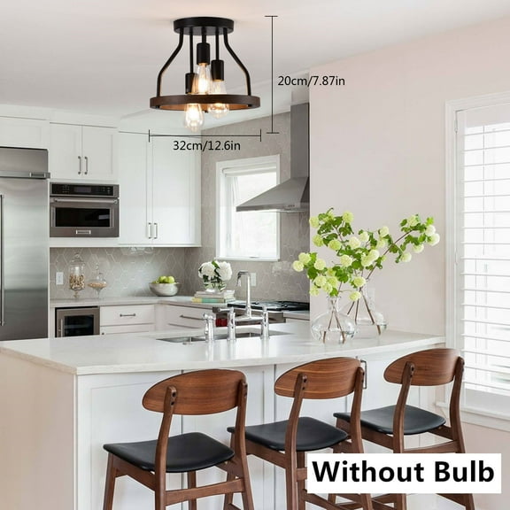 FETCOI 3-Light Flush Mount Ceiling Light, Wood Frame + Black Metal Shade Rustic Farmhouse Ceiling Lamp Fixture for Kitchen Dining Room Hallway Bedroom Study Living Room