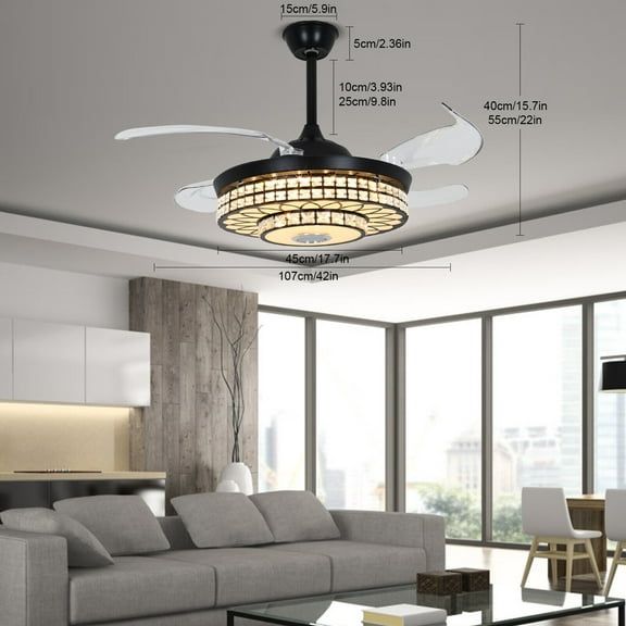 FETCOI 42" Ceiling Fan Light LED Retractable Bluetooth Music Speaker 7-Color W/ Remote