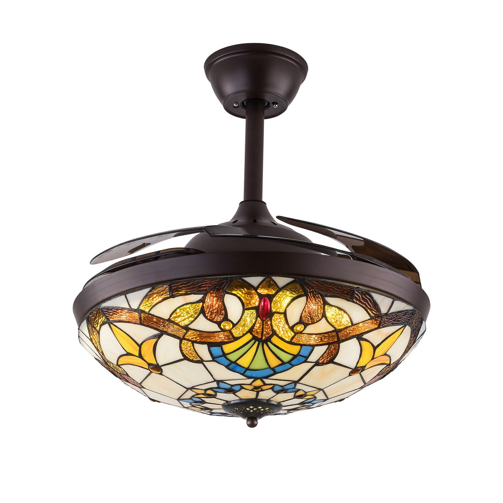 FETCOI 42" Tiffany Ceiling Fan LED Light Chandelier Fan with Remote Retractable Blades