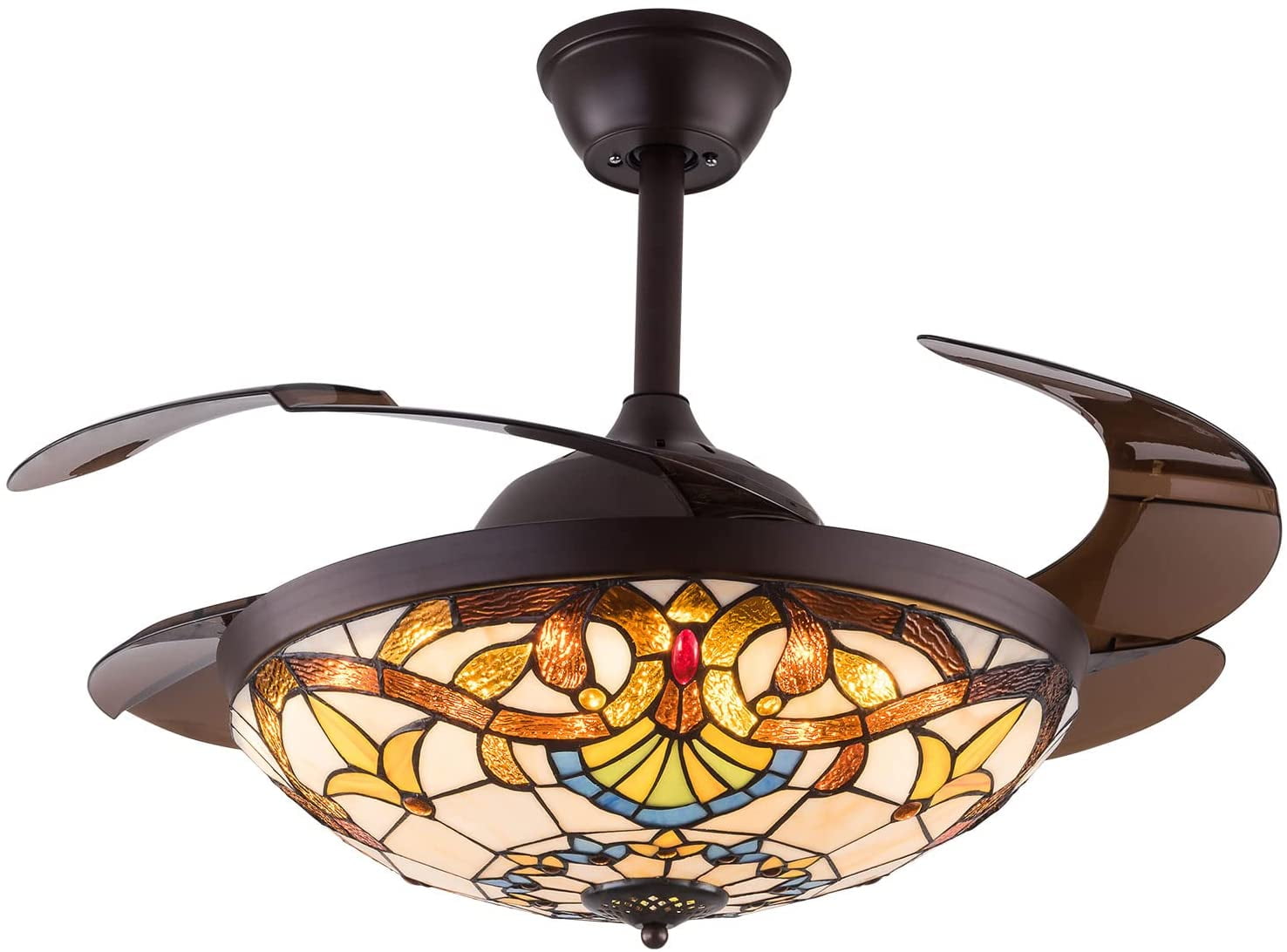 Tiffany Style 42" Retractable Ceiling Fan with Lights and Remote