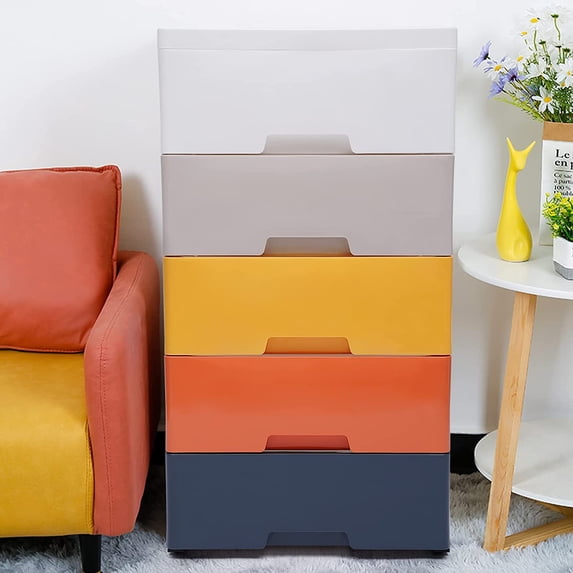 FETCOI 5 Drawers Storage Plastic Cabinet Closet Dresser Organizer Chest Closet Furniture (Colorful)