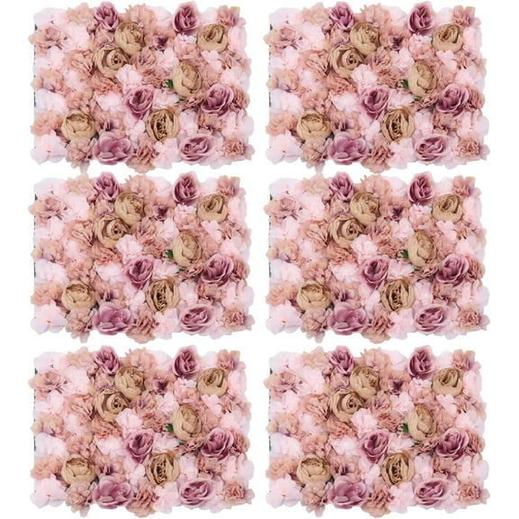 FETCOI 6PCS 24" X 16" Artificial Flower Wall Panels Silk Rose Wall Decor Autumn Pink Artificial Flower Wall Backdrop for Wedding, Party, Home Decoration
