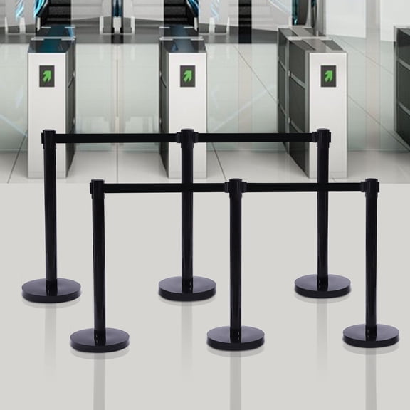 FETCOI 6Pcs Stanchion Posts Black Crowd Control Barrier Queue Poles w/ Retractable Belt