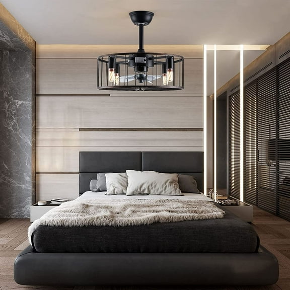 FETCOI Black Caged Ceiling Fan with Lights Remote Control, 18.5" Industrial Fandaliers Ceiling Fan Chandelier Enclosed Bladeless Ceiling Fan Low Profile Ceiling Fan Light