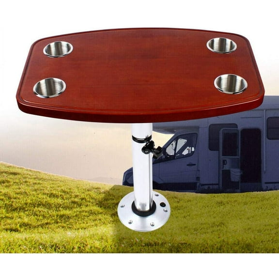 FETCOI Boat Table, Height Adjustable Lacquered Elm Table Top W/ 4 Cup Holders for RV Marine 28x22''