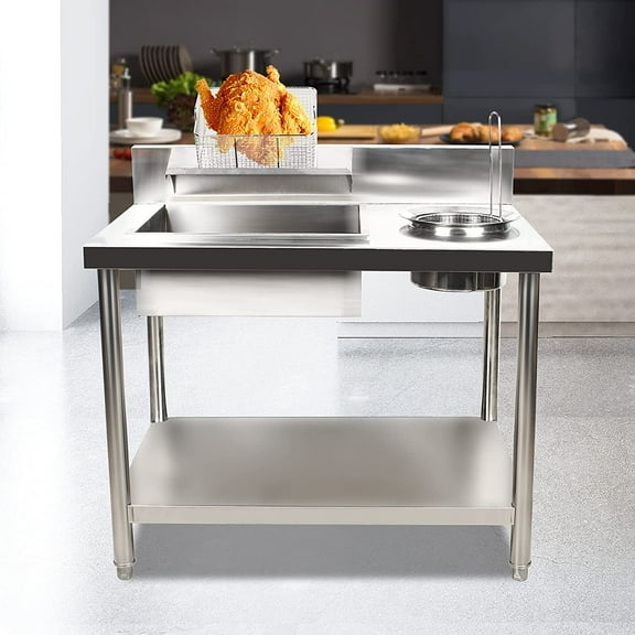 FETCOI Breading Table, Multifunctional Fried Food Prep Breading Station Fried Foods Prepping Manual Station Humanized Design Moderate Height Quality Stainless Steel Hygienic Easy to Clean for Kitchen
