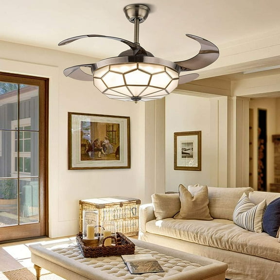 FETCOI Ceiling Fans with LED Light Copper Golden Modern Invisible 42" LED Fan Chandelier with Remote Control Tricolor Dimming 4 Retractable Blades (Style 1)
