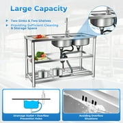 FETCOI Commercial Restaurant Sink Stainless Steel 1/2 Compartment Utility Prep Table-2 Compartment