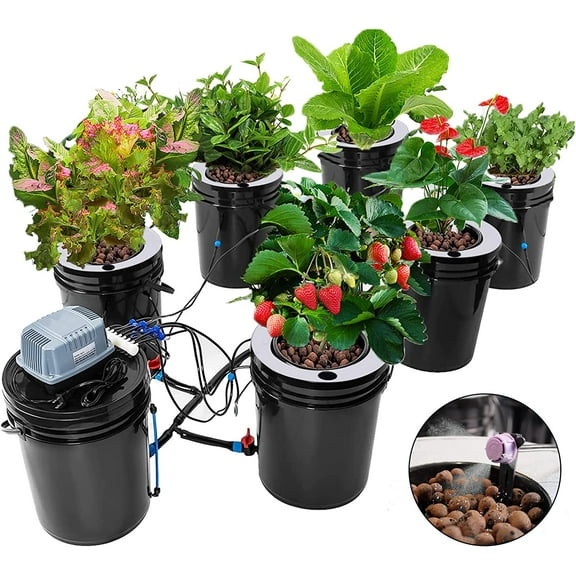 FETCOI DWC Hydroponics Growing System, Multi Barrel Hydroponic Machine, 5 Gallon 6 Buckets Hydroponics Growing System Recirculating Growing Kit with Water Exchange Bucket