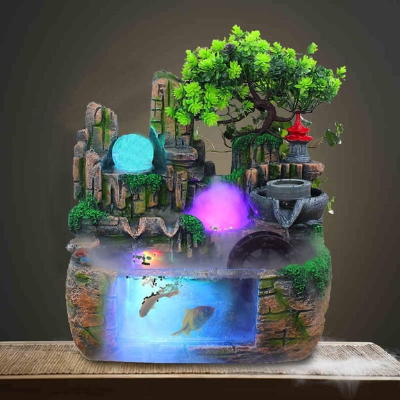 FETCOI Desktop Fountain Waterfall with Rockery, Indoor Relaxation Tabletop Resin Ornament with Light for Decorating Office Living Room Bedroom US Plug 110V
