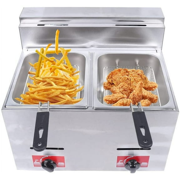 FETCOI Electric Deep Fryer, 2*6L Double Cylinder Gas Fryer, Commercial Dual Tanks Countertop Stainless Steel Frying Machine ,Fryer with Basket for Home Commercial Use