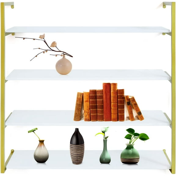 FETCOI Floating Wall Mounted Shelves, 4 Tier Wood Bookshelf Display Ledge Shelves Wide Panel for Bedroom Office Kitchen Living Room