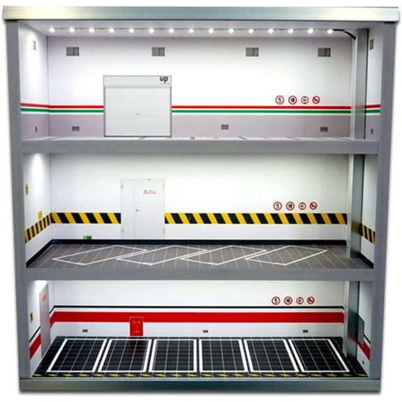 FETCOI Garage Display Case Collectible Display Show Case with LED Lights 1:64 Scale Mini Car Parking Space Scene Collectible Gift Decoration 3 Layer Model Car Parking Lot Garage