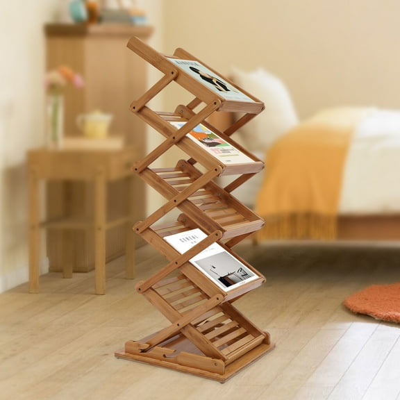 FETCOI Heavy Duty Bamboo MagazineRack 5 Layers Foldable File Shelf Pop-up Book Stand