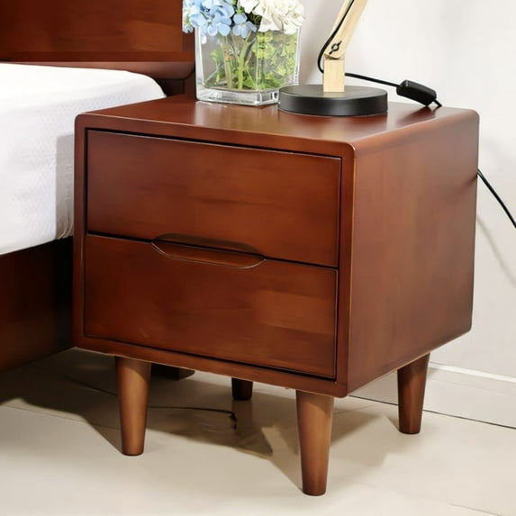 FETCOI Mid Century Wood Nightstand, Walnut Finish Bedroom Storage Drawer and Shelf with 2 Large Storage Drawers, Rustic Square Bedside End Table Side Table (Walunt)