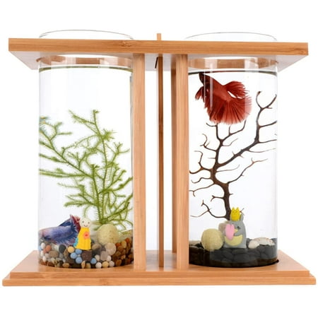 FETCOI Mini Fish Tank with LED Light Wood Base, Creative Bamboo and Wood Ecological Fish Tank Dual Glass Desktop Mini DIY Goldfish Betta Fish Tank Aquarium Small Fish Tank