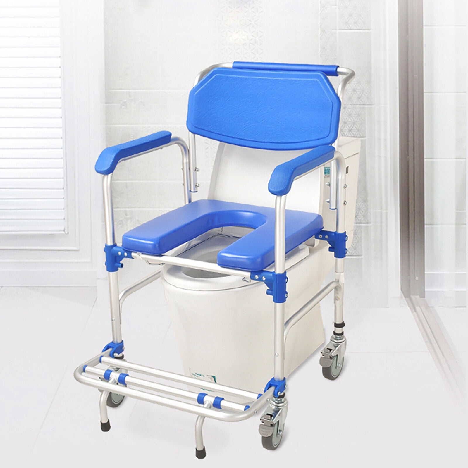 FETCOI Mobile Wheelchair Shower Toilet Bathroom Commode Chair Bedside Footrest Aluminum