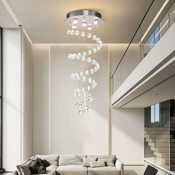 FETCOI Modern K9 Crystal Spiral Raindrop Chandelier - Flush Mount LED Ceiling Light Fixture Pendant Lamp for Dining Room Bathroom Bedroom Livingroom