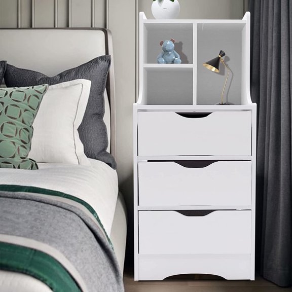 FETCOI Modern Nightstand High Bedside Table with 3 Drawer, Multifunctional Bedside Cabinet White Bedroom Storage Side Table with Open Shelf