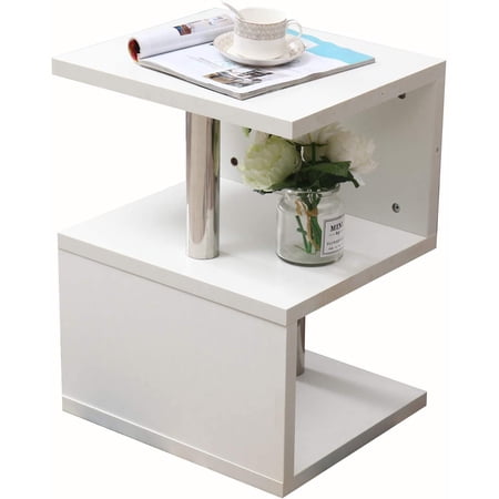FETCOI Side Table S Shape Modern High Gloss Coffee/Side Table with LED Lights Remote Control Table Tea for Study,Office,Bedroom,Living Room (white)