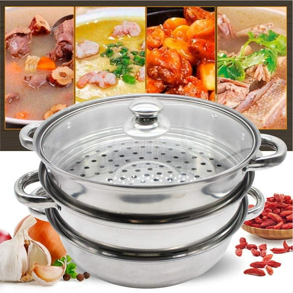 FETCOI Stainless Steamer 3 Tier Steamer Stainless Steel Steam Cooking Cookware Pot Cooker with Glass Lid