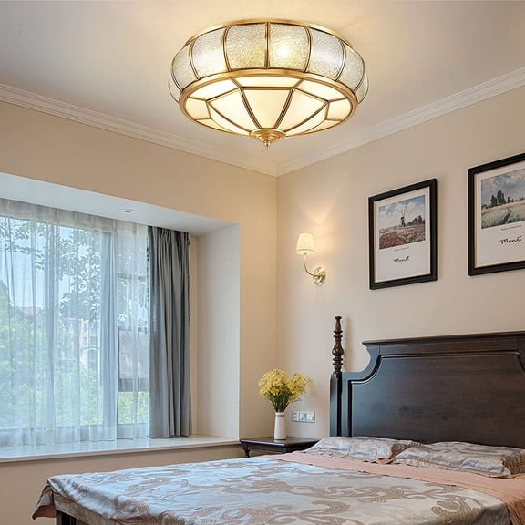 FETCOI Tiffany Ceiling Light Hand Made Glass Lampshade Copper Metal Base Close to Ceiling Lamp for Kitchen Island Bar Living Room Dining Room Loft