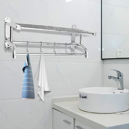 FETCOI Wall Mounted Stainless Steel Towel Rack, 15.75" to 29.53" Adjustable Towel Racks for Bathroom Multifunctional Double Towel Bars with 4 Hooks