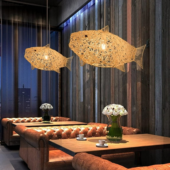FETCOI Wicker Rattan Fish Shade Pendant 9W Light Warm LED Living Room Chandelier