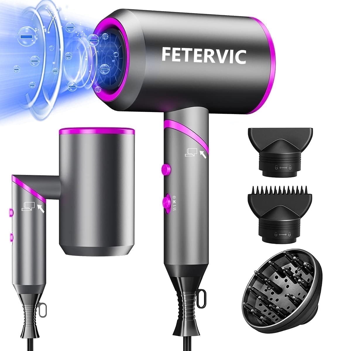 FETERVIC Folding Hair Dryer 2000W, Lightweight Travel Blow Dryer with Ionic Technology, 2 Speed & 3 Heat Settings, Low Radiation, Diffuser & Nozzles Included
