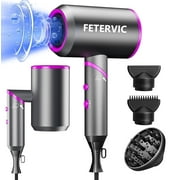 FETERVIC Folding Hair Dryer 2000W, Lightweight Travel Blow Dryer with Ionic Technology, 2 Speed & 3 Heat Settings, Low Radiation, Diffuser & Nozzles Included