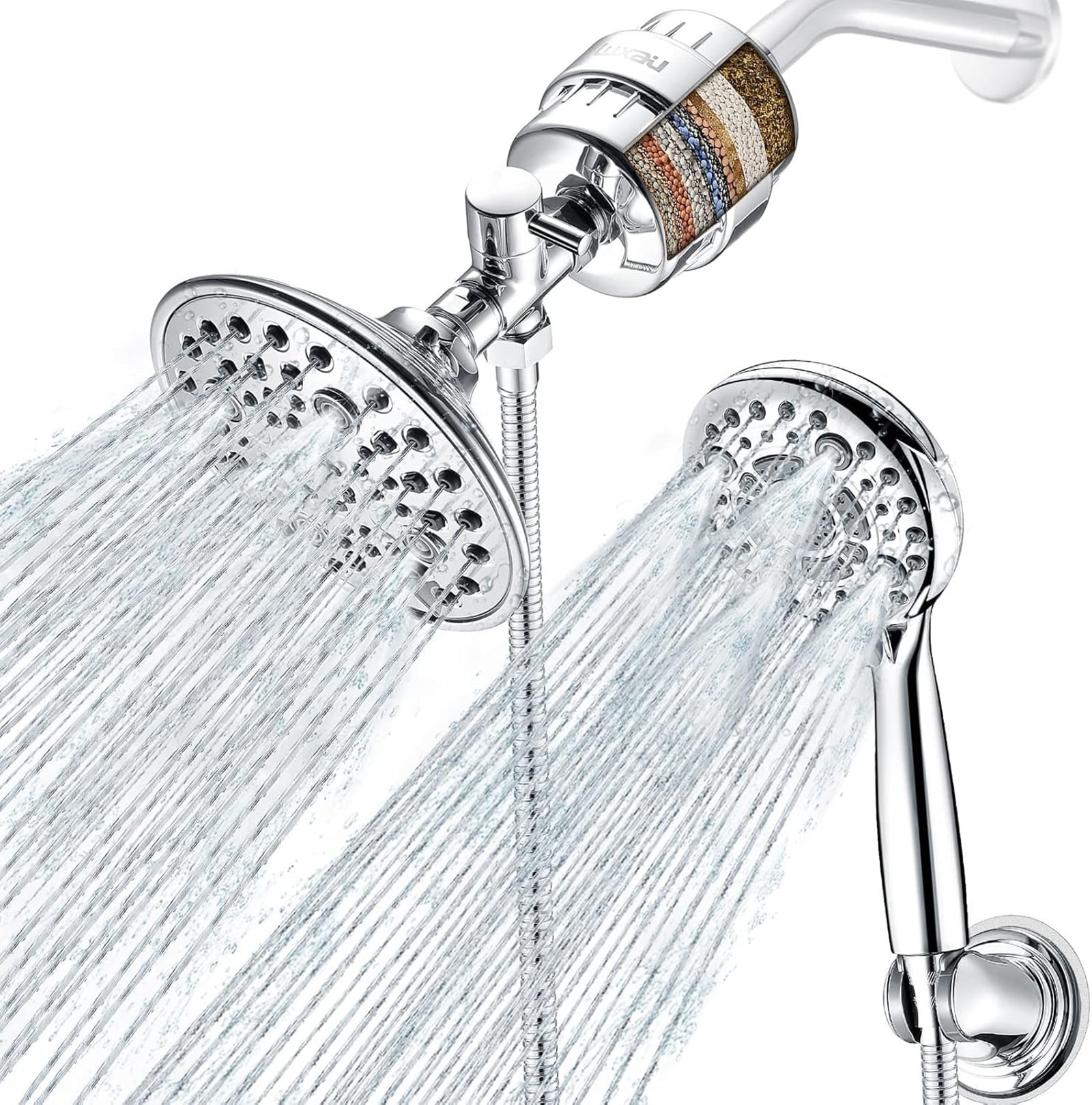 FETERVIC 8'' Dual Filtered Rainfall Shower Head Combo, 7-spray Shower Head,  8 Settings High Pressure Handheld Shower Head, 20 Stage Shower Filter, 3-Way Filter Rain Shower Head, Chrome