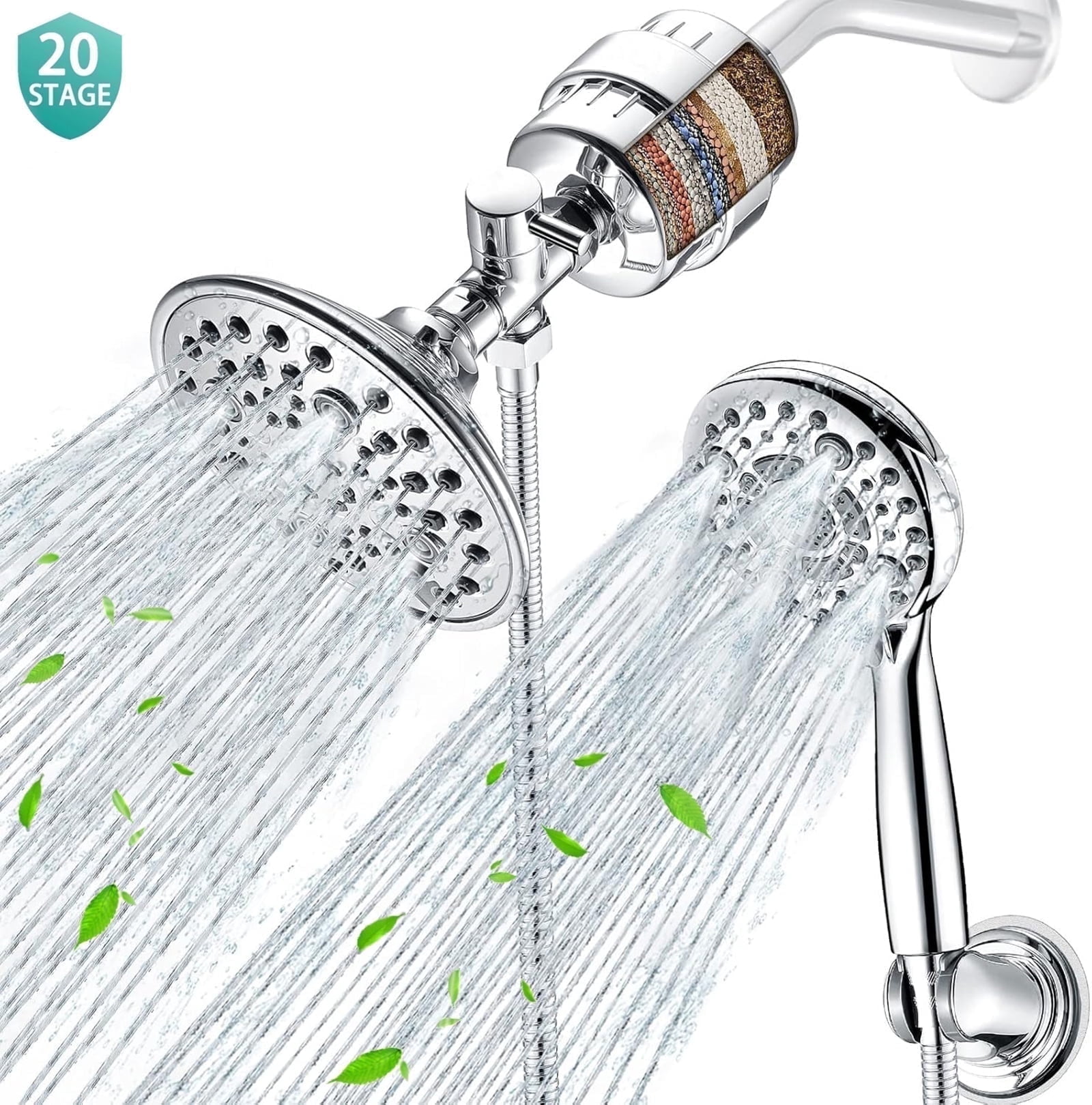 FETERVIC 8'' Dual Filtered Rainfall Shower Head Combo, 7-spray Shower Head, 8 Settings High Pressure Handheld Shower Head, 20 Stage Shower Filter, 3-Way Filter Rain Shower Head, Chrome