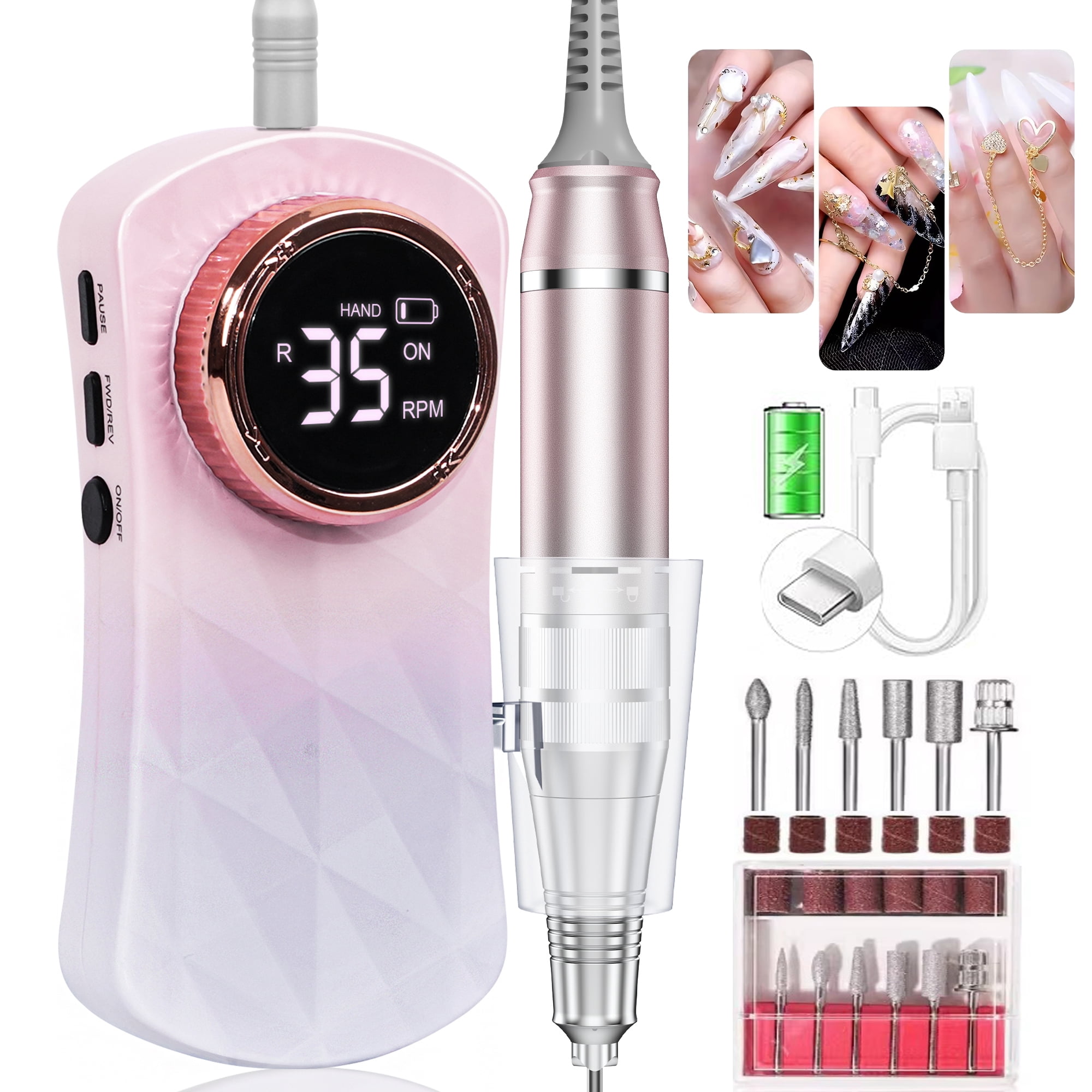 FETERVIC Electric Nail Drill Machine, 35000RPM Nail File Kit for Acrylic Gel Nails Polish Rechargeable Portable Manicure Pedicure Kit for Women Manicure Salon, Green