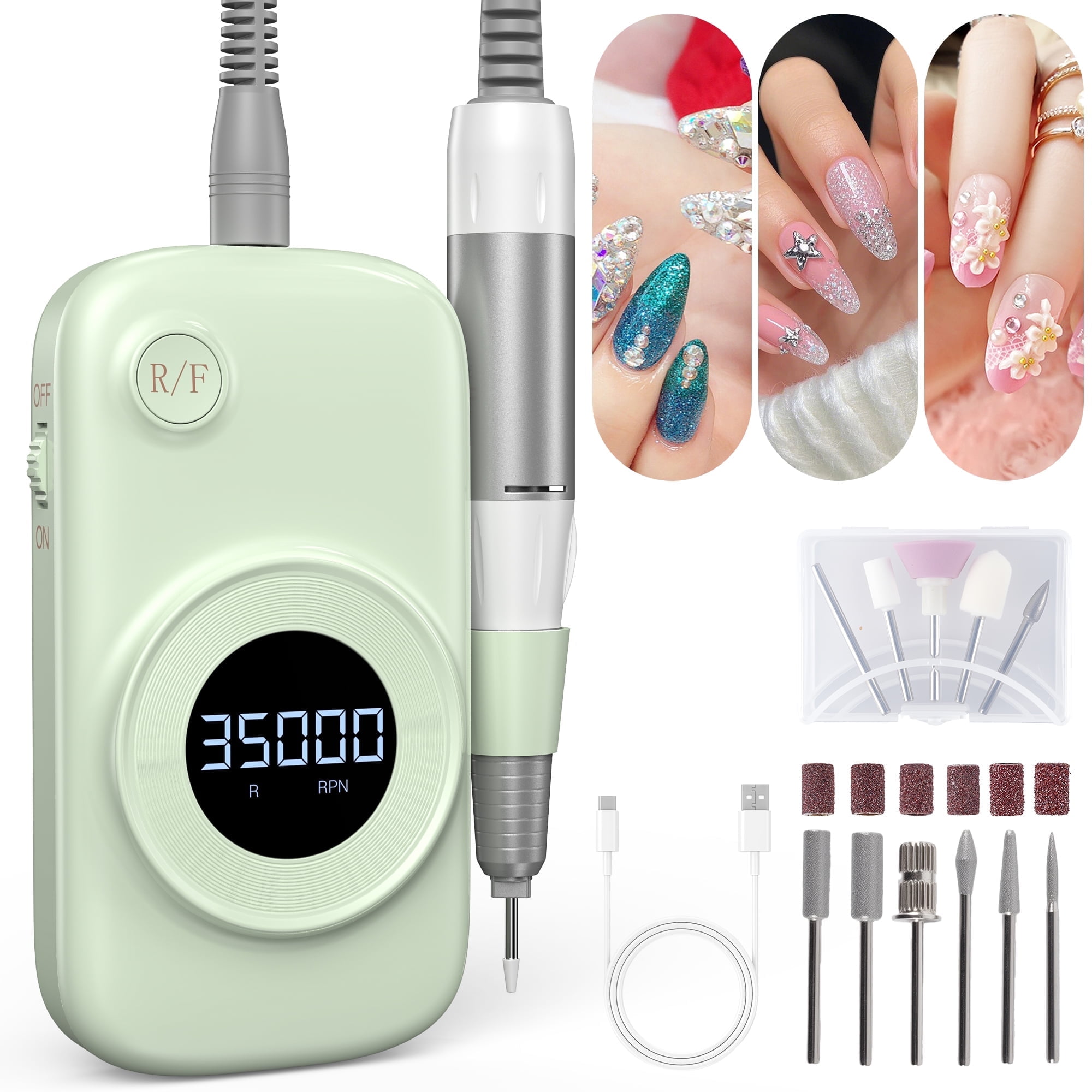 FETERVIC Electric Nail Drill Machine, 35000RPM Nail File Kit for Acrylic Gel Nails Polish Rechargeable Portable Manicure Pedicure Kit for Women Manicure Salon, Green