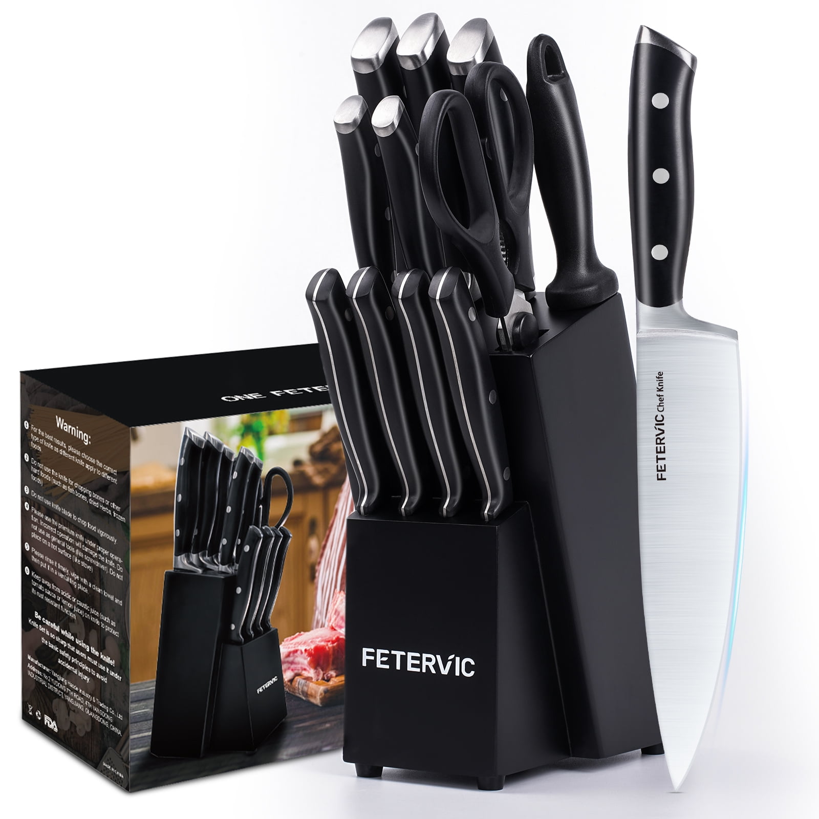 FETERVIC Knife Block Set, 12Pcs Premium Kitchen Knife Set with