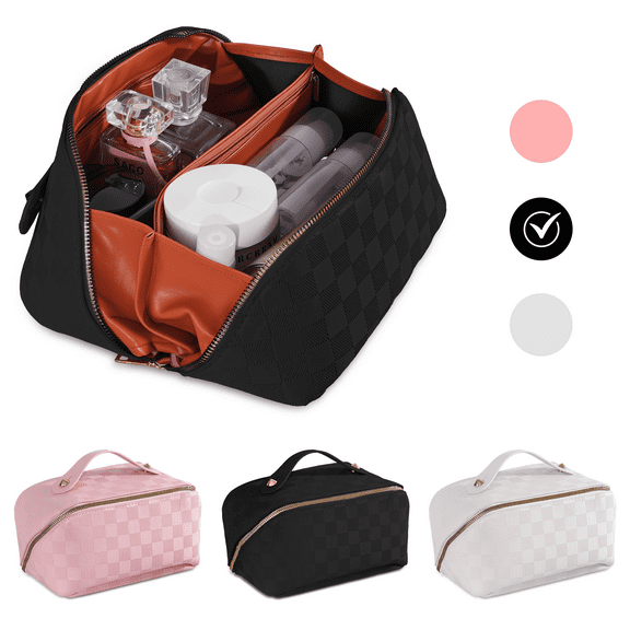 FETERVIC Travel Makeup Bag,Large Capacity Cosmetic Bags for Women,Waterproof Portable Pouch Open Flat Toiletry Bag Make up Organizer with Divider and Handle,Black