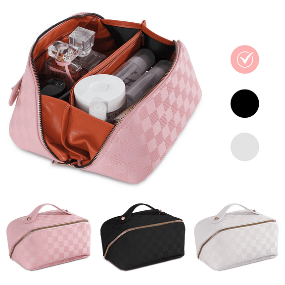 FETERVIC Travel Makeup Bag,Large Capacity Cosmetic Bags for Women,Waterproof Portable Pouch Open Flat Toiletry Bag Make up Organizer with Divider and Handle，Pink