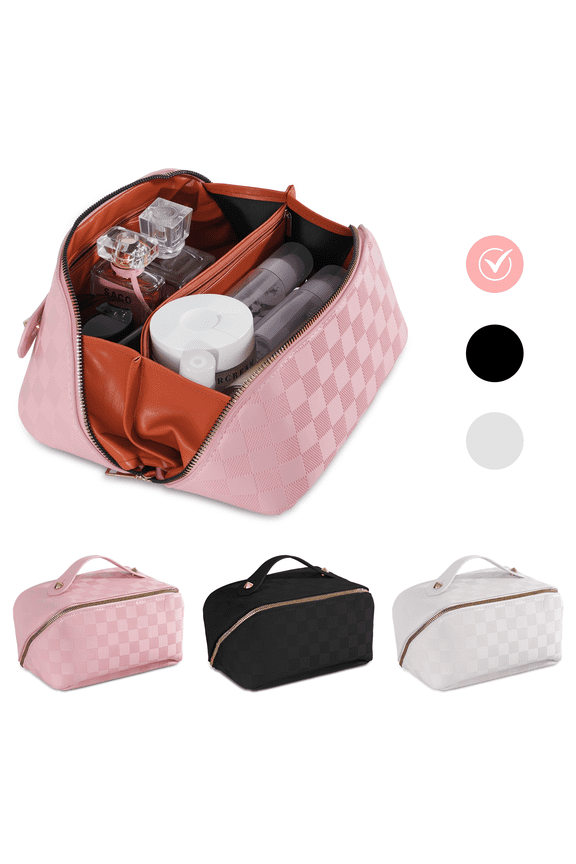 Travel Makeup Bag,Large Capacity Cosmetic Bags for Women,Waterproof Portable Pouch Open Flat Toiletry Bag Make up Organizer with Divider and Handle,Pink