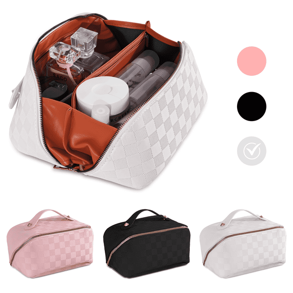 FETERVIC Travel Makeup Bag,Large Capacity Cosmetic Bags for Women,Waterproof Portable Pouch Open Flat Toiletry Bag Make up Organizer with Divider and Handle，White